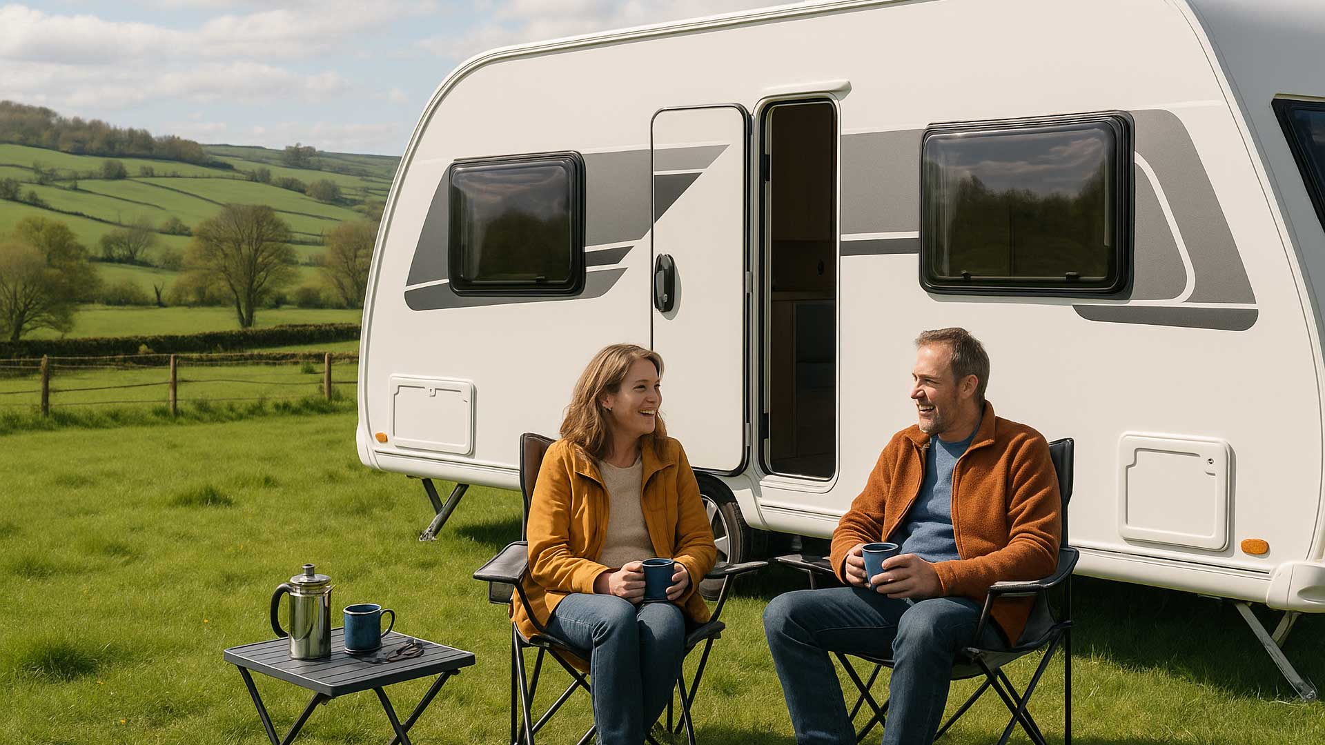 Couple sat outside their trailer caravan