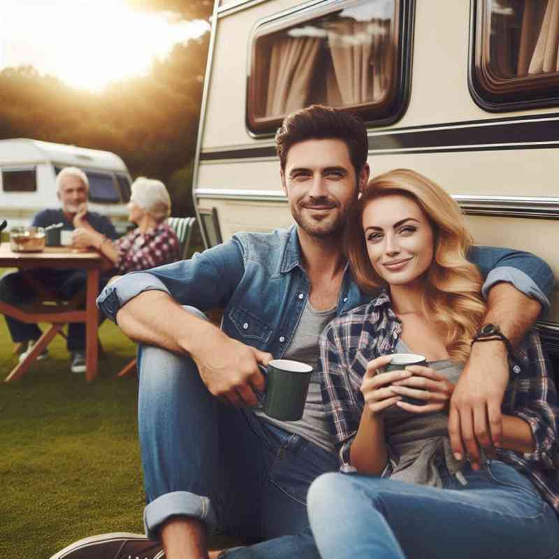 Couple enjoying their caravan