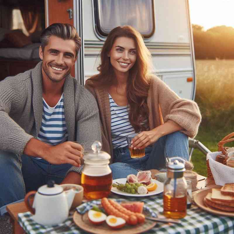 Couple enjoying their caravan