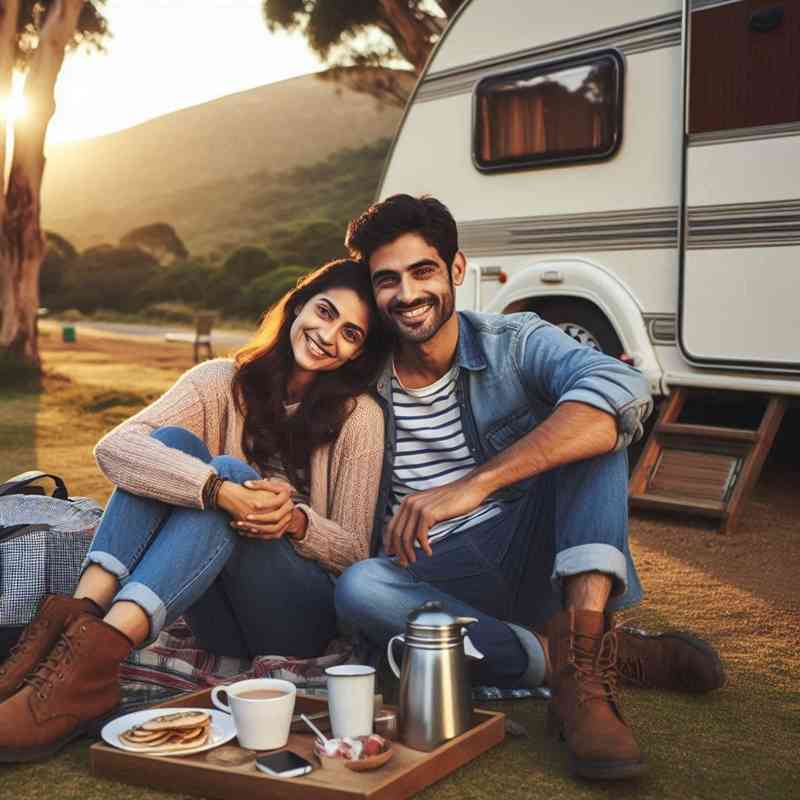 Couple enjoying their caravan